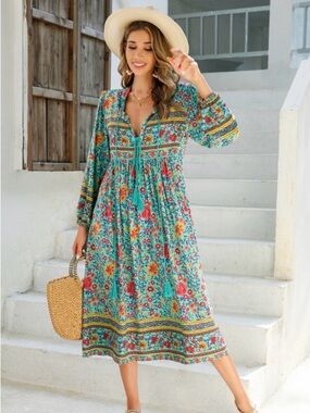 Bohemian Turquoise Floral Long-Sleeve Midi Dress